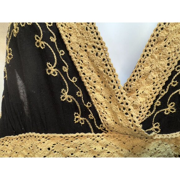 Womens Semi Sheer Halter Dress Black Gold Flowy Embroidered Boho Open Back Beach - Picture 4 of 9